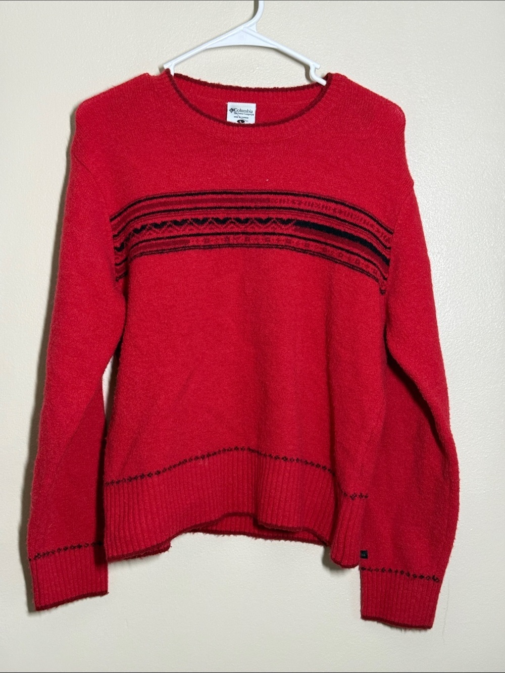 Vintage Red Columbia Wool Black Nordic Pattern Sweater Size Large